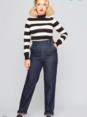 Collectif Dark Navy Denim side zip retro cuffed jeans